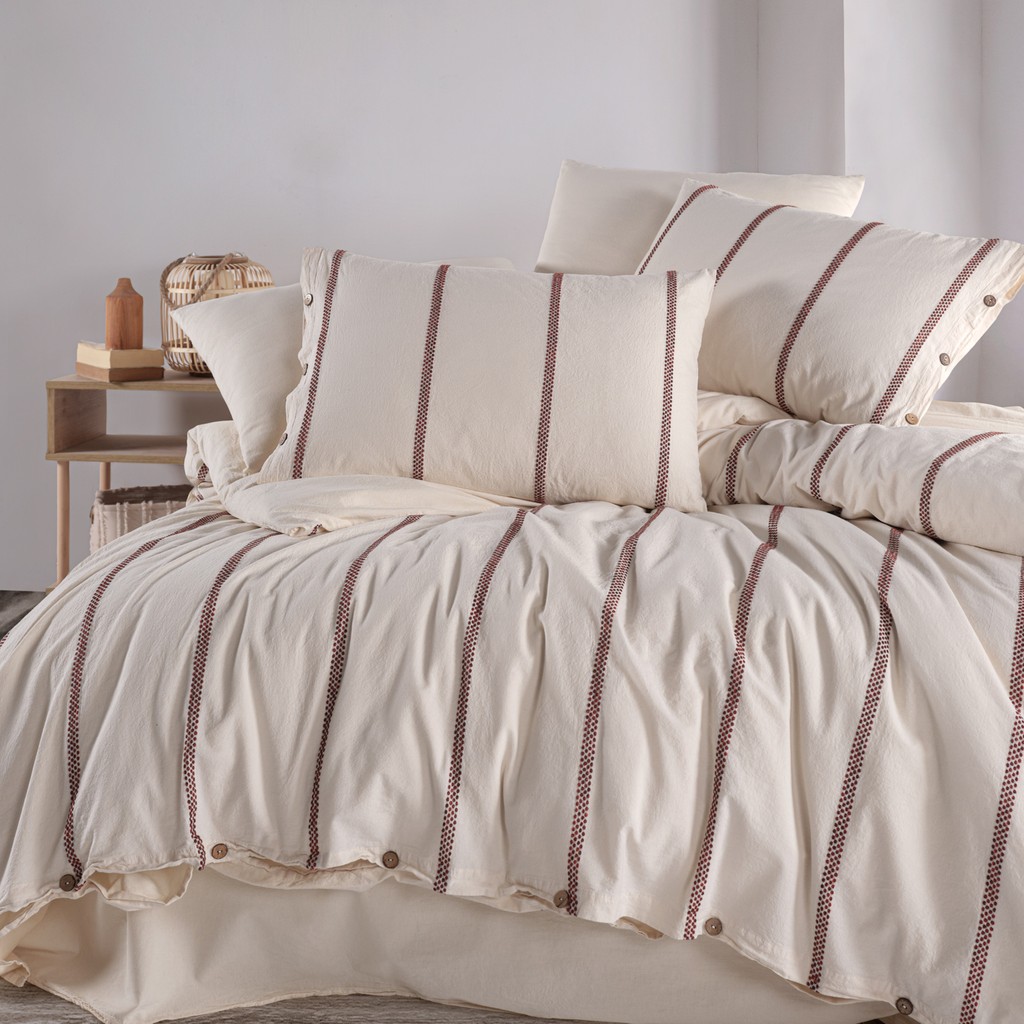 Macas Home Odin Pamuklu Yıkamalı Ipliği Boya Vintage Çift Kişilik Nevresim Takımı 200*220 - Kırmızı - Krem - 200 x 220 cm Nevresim Takımı Fiyatı