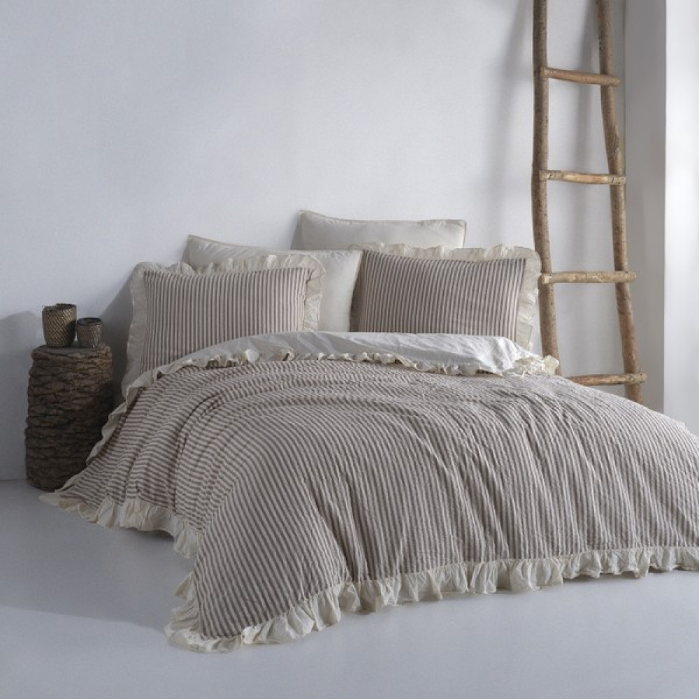 Macas Home Soil %100 Pamuklu Fırfırlı Ipliği Boyalı Çift Kişilik Nevresim Takımı 200 x 220 cm - 200 x 220 cm - Bej Nevresim Takımı Fiyatı