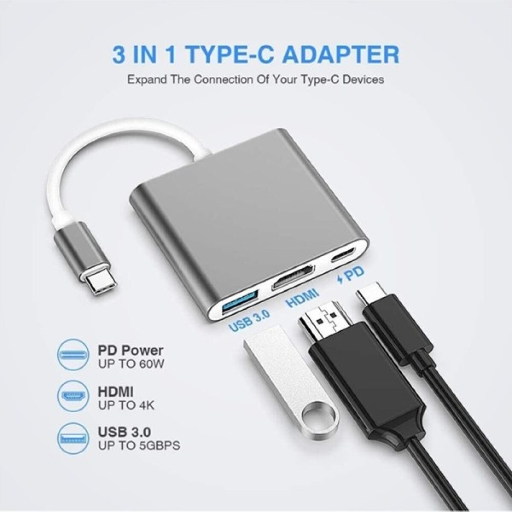 Macbook 3 In 1 Type-C To Hdmı USB 3.0 Çevirici Dönüştürücü Adaptör - Gri Bilgisayar Çevirici ve Adaptörü Fiyatı