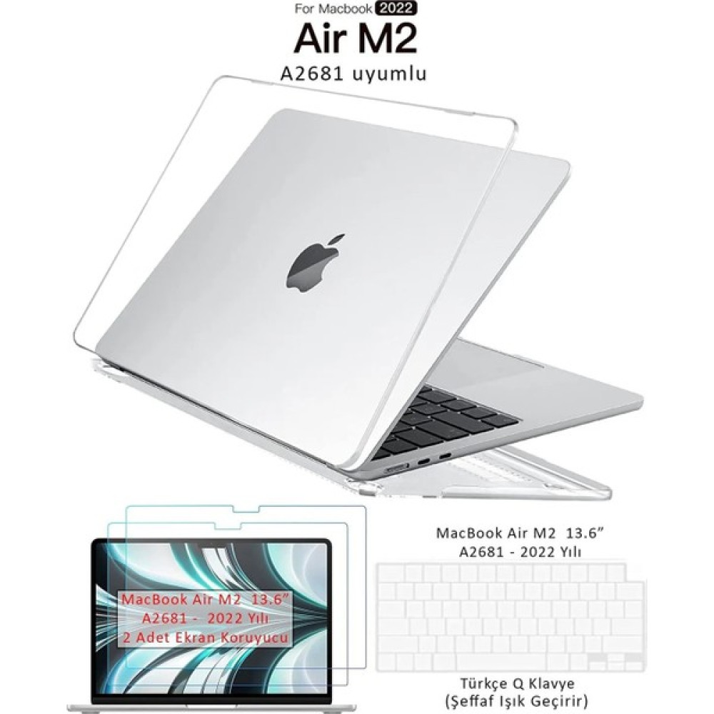 Macbook Air M2 13.6" 2022 A2681 Tam Uyumlu Set Kılıf Kapak Klavye Koruyucu Ekran Koruyucu Film - Şeffaf Parlak 02 Tablet Pc Aksesuarları Fiyatı