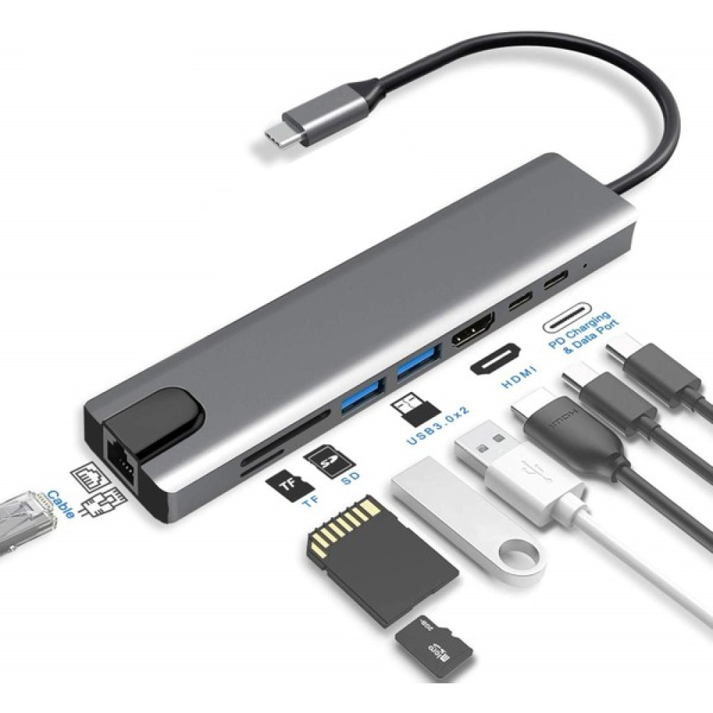 Macbook Pro Type C Hub Çevirici Dönüştürücü Çoklayıcı Pd Şarj 87W Hdmı Sd Ethernet Girişli 8 In 1 - Gri Bilgisayar Çevirici ve Adaptörü Fiyatı