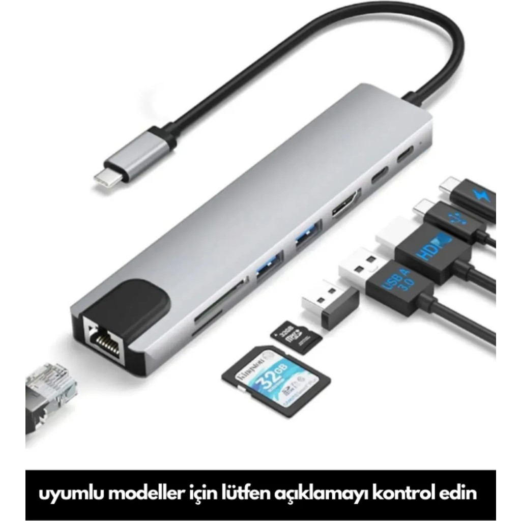 Macbook Pro/air Uyumlu USB Type-C 8 In 1 Hub Dönüştürücü Çevirici Çoklayıcı USB Hdmı Micro Sd 8 Girişli - Açık Gri Bilgisayar Çevirici ve Adaptörü Fiyatı