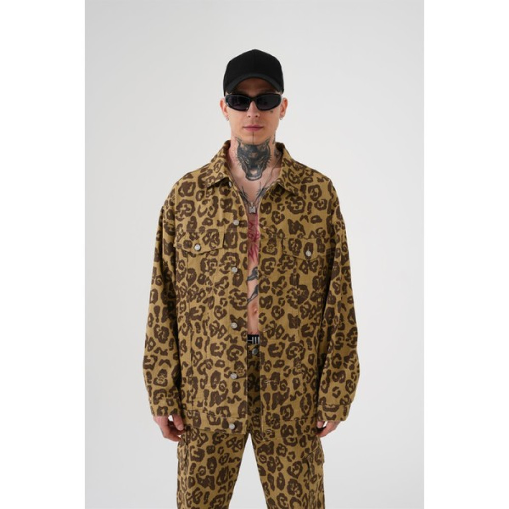 Machinist Oversize Desenli Denim Kot Ceket / Leopar Desen Erkek Ceket Fiyatı