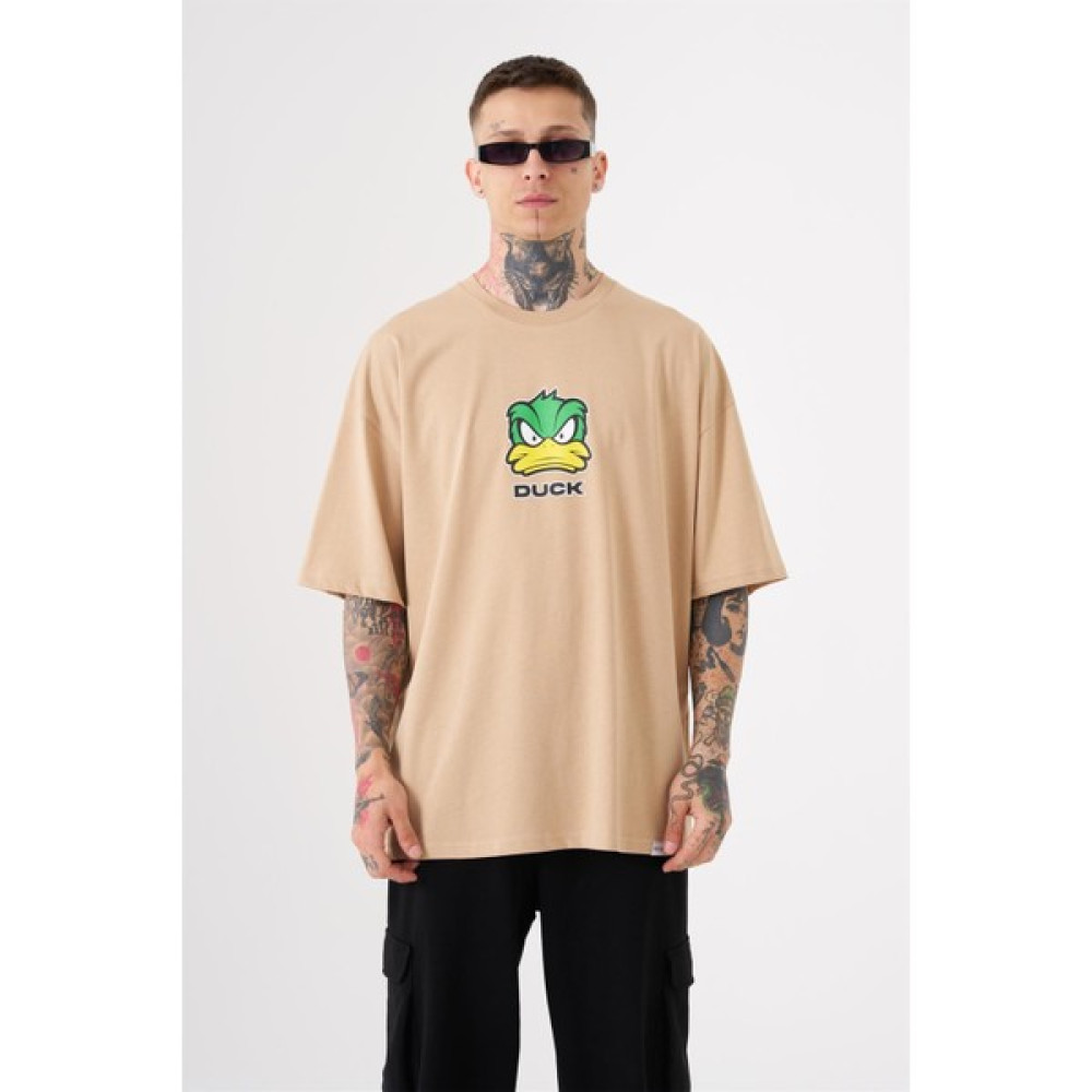Machinist Unisex Oversize Duck Baskılı Pamuklu T-Shirt Bej Erkek T-shirt Fiyatı