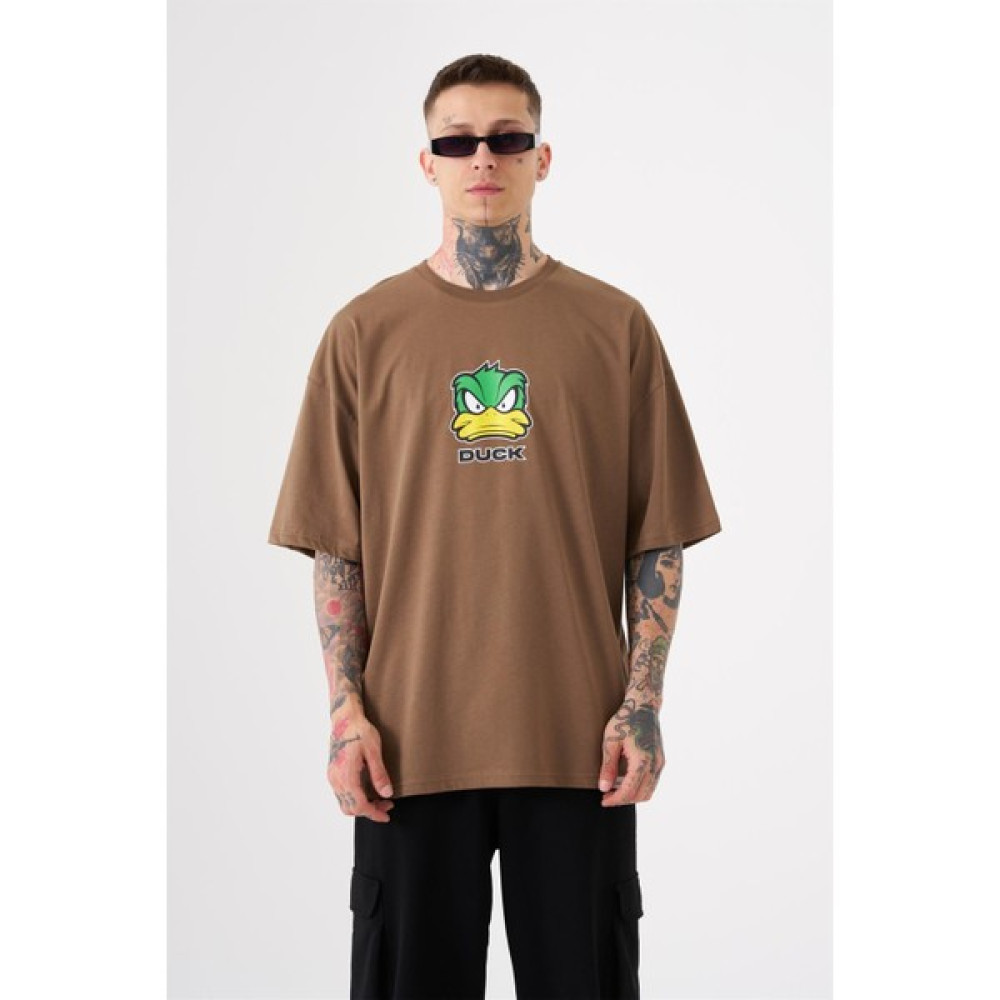 Machinist Unisex Oversize Duck Baskılı Pamuklu T-Shirt Kahve Erkek T-shirt Fiyatı