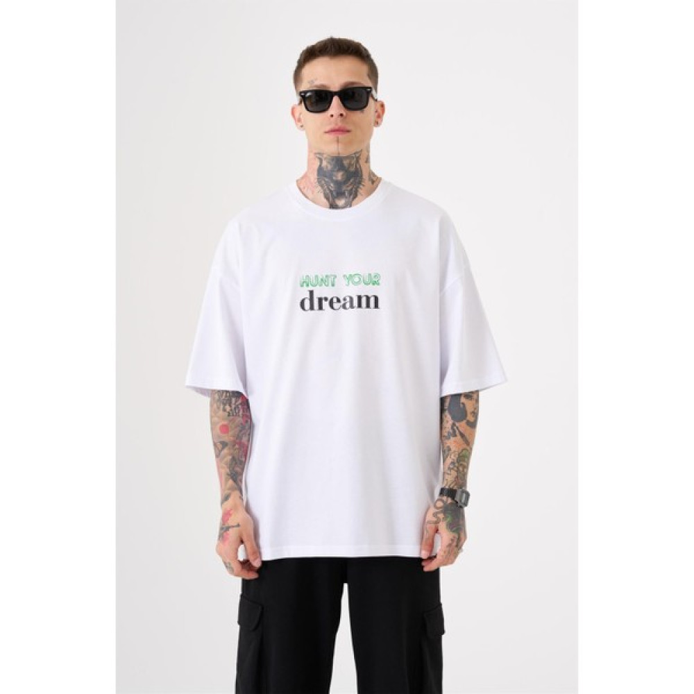 Machinist Unisex Oversize Hunt Your Dream Baskılı Pamuklu T-Shirt Beyaz Erkek T-shirt Fiyatı
