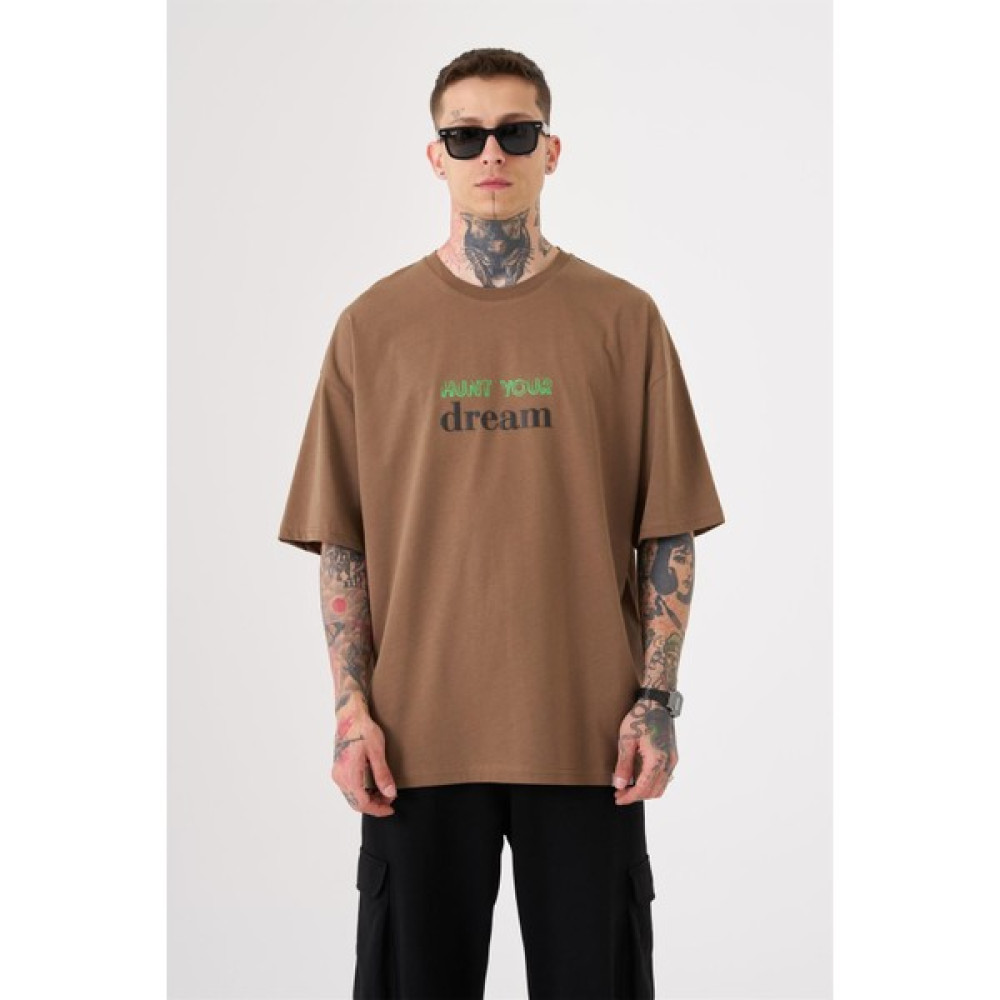 Machinist Unisex Oversize Hunt Your Dream Baskılı Pamuklu T-Shirt Kahve Erkek T-shirt Fiyatı