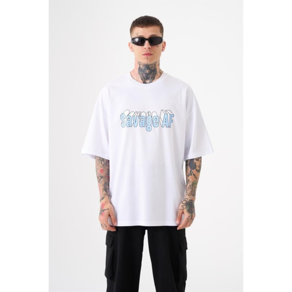 Machinist Unisex Oversize Savage Af Baskılı Pamuklu T-Shirt Beyaz Erkek T-shirt Fiyatı