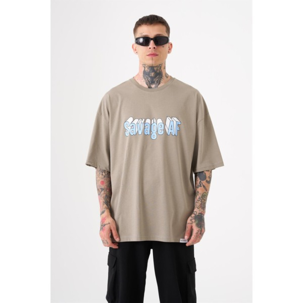 Machinist Unisex Oversize Savage Af Baskılı Pamuklu T-Shirt Haki Erkek T-shirt Fiyatı