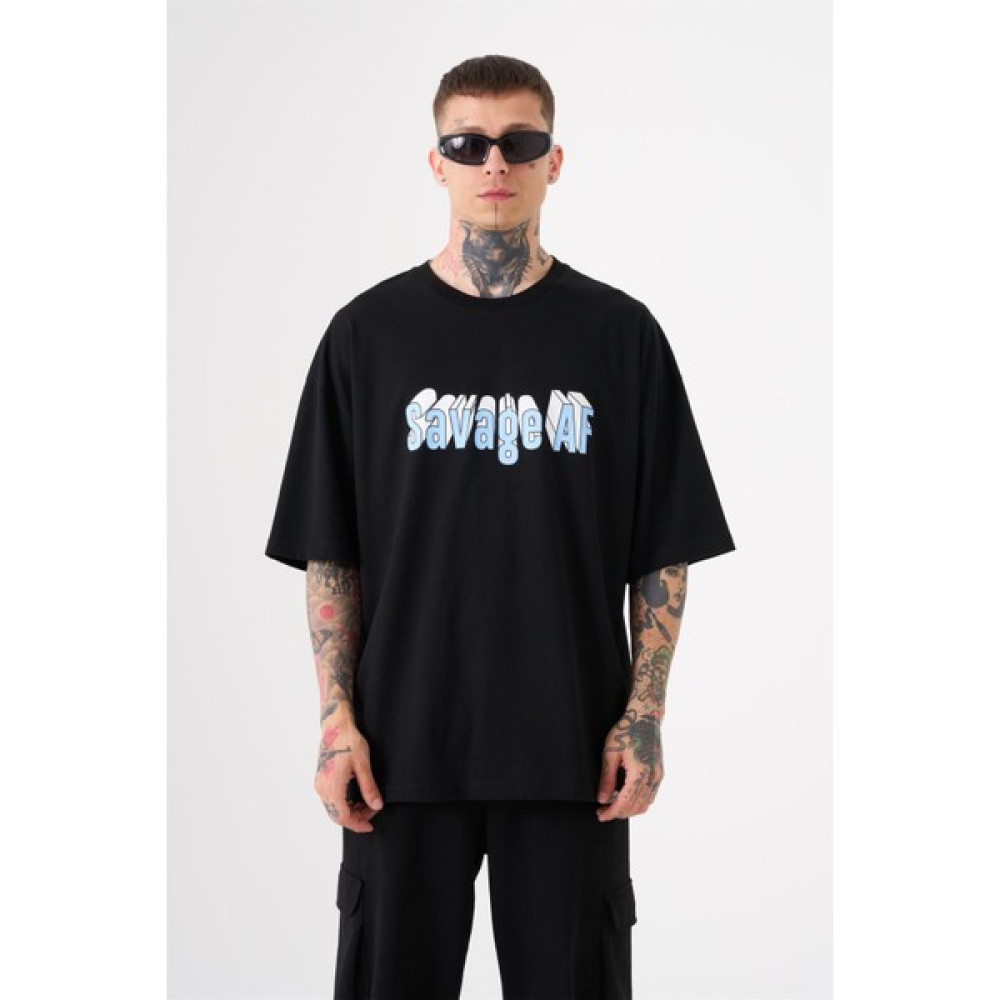 Machinist Unisex Oversize Savage Af Baskılı Pamuklu T-Shirt Siyah Erkek T-shirt Fiyatı