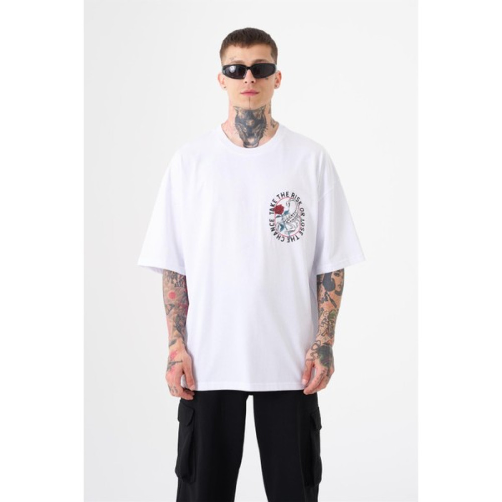 Machinist Unisex Oversize Scorpion And Rose Baskılı Pamuklu T-Shirt Beyaz Erkek T-shirt Fiyatı