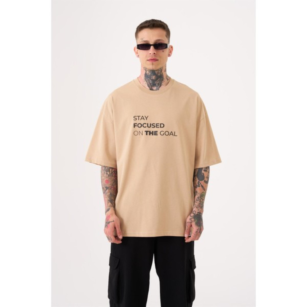 Machinist Unisex Oversize Stay Focused Baskılı Pamuklu T-Shirt Bej Erkek T-shirt Fiyatı
