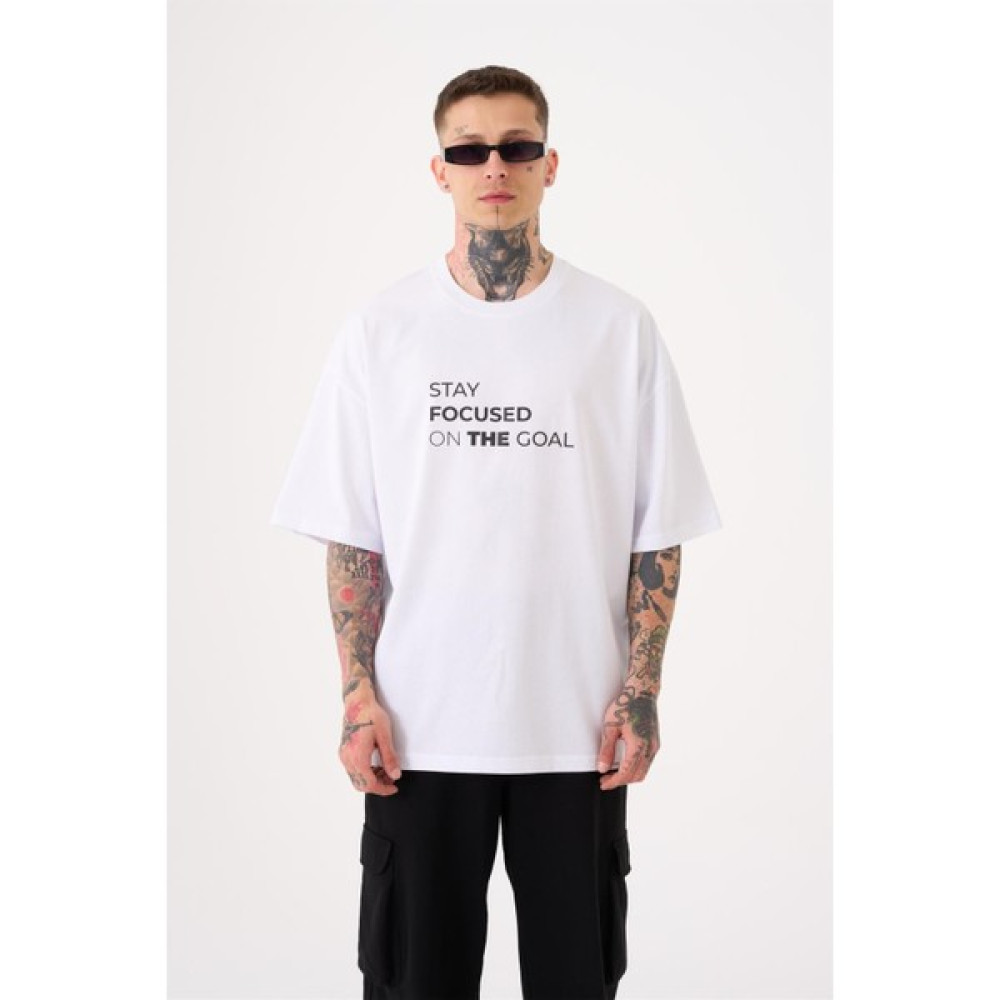 Machinist Unisex Oversize Stay Focused Baskılı Pamuklu T-Shirt Beyaz Erkek T-shirt Fiyatı