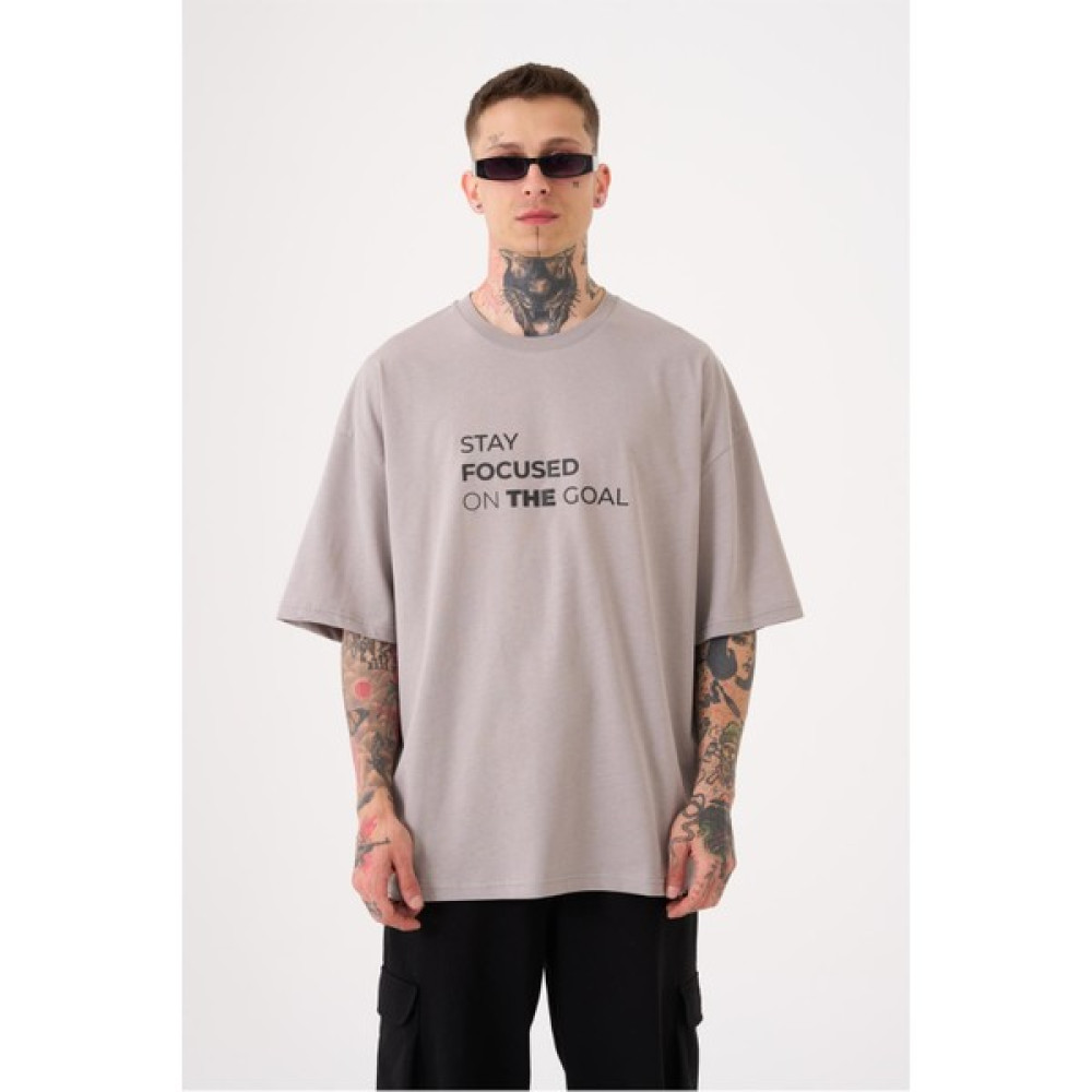 Machinist Unisex Oversize Stay Focused Baskılı Pamuklu T-Shirt Gri Erkek T-shirt Fiyatı