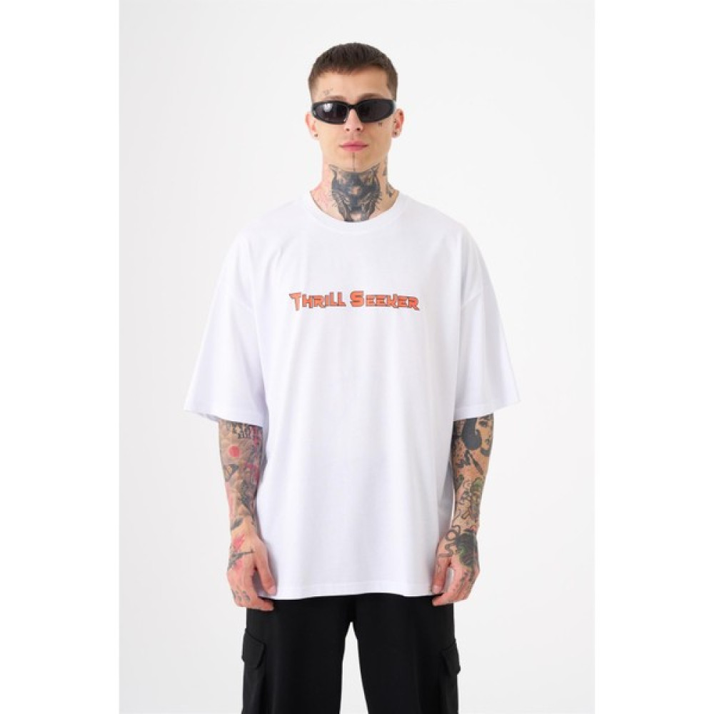 Machinist Unisex Oversize Thrill Seeker Baskılı Pamuklu T-Shirt Beyaz Erkek T-shirt Fiyatı