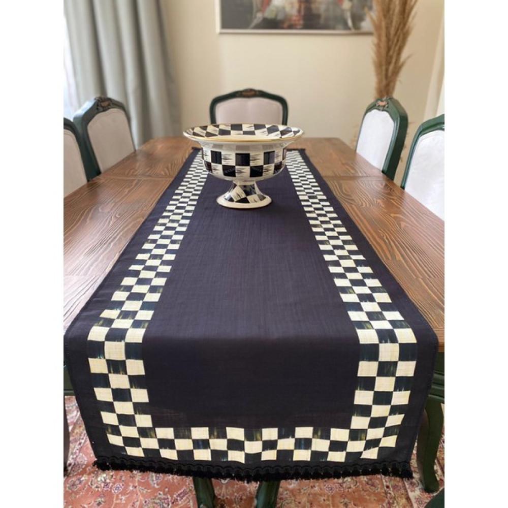 Mackenzie Model Damalı Siyah Püsküllü Keten Runner Luxury Dekor Softa Takım Mutfak Takım - 45 x 150 cm Masa Örtüsü Fiyatı