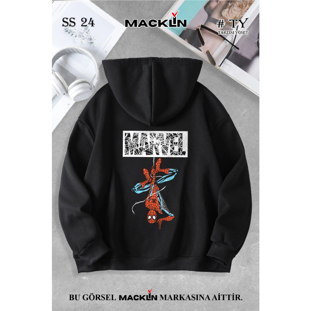 macklin Unisex Kadın Erkek Marvel Spiderman Ön Arka Baskılı Özel Tasarım Baskılı Kapşonlu Sweatshirt XL Beden Bayan Sweatshirt Fiyatı