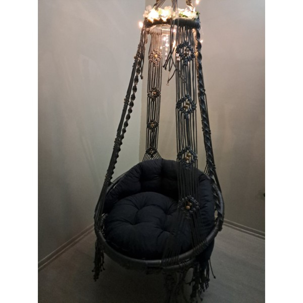 Macrame Swing Makrome Minderli Salıncak LED Süs Dahil - Antrasit - Gri Bahçe Salıncağı Fiyatı