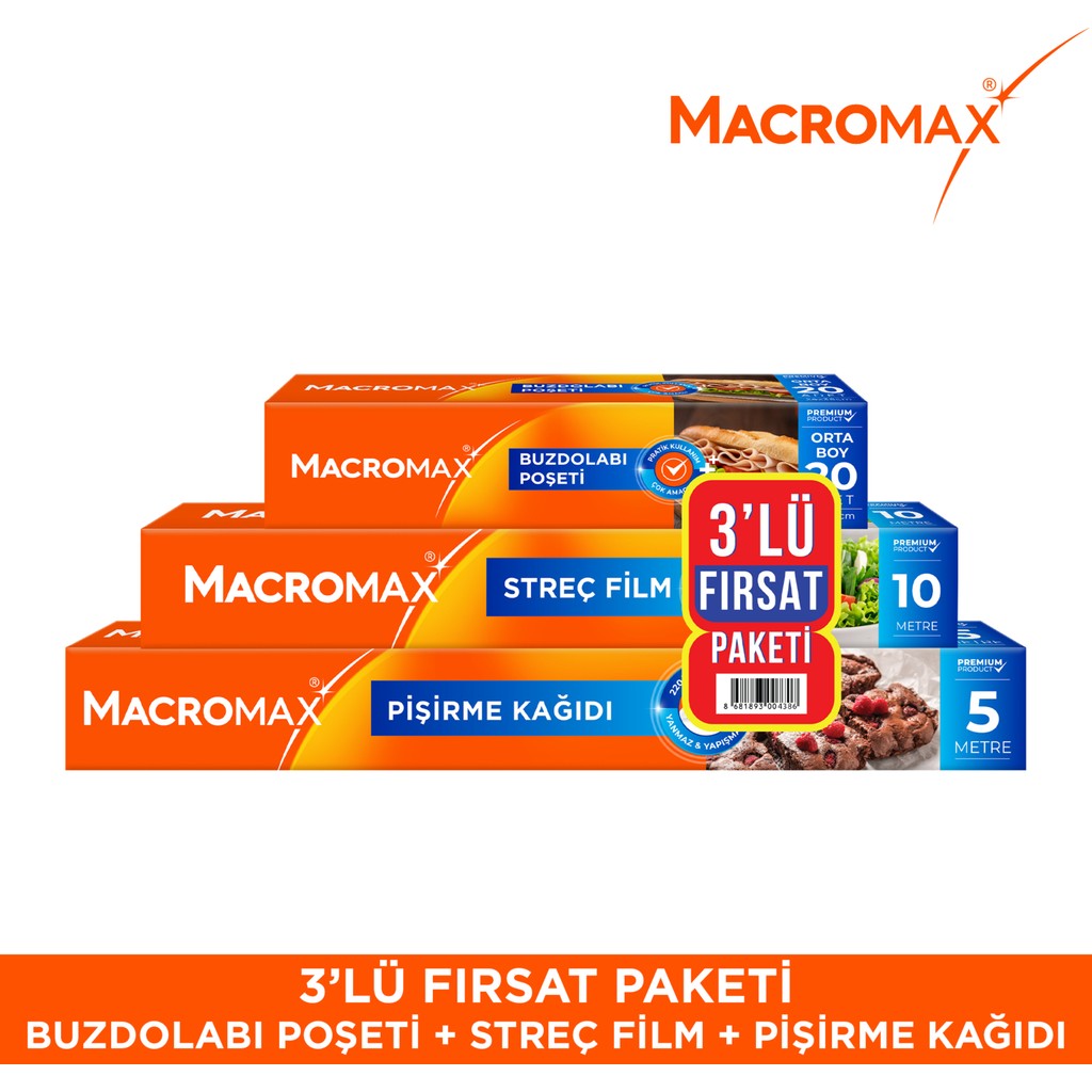 Macromax 3'lü Fırsat Paketi (Buzdolabı Poşeti + Streç Film 10m + Pişirme Kağıdı 5m) Buzdolapları Fiyatı