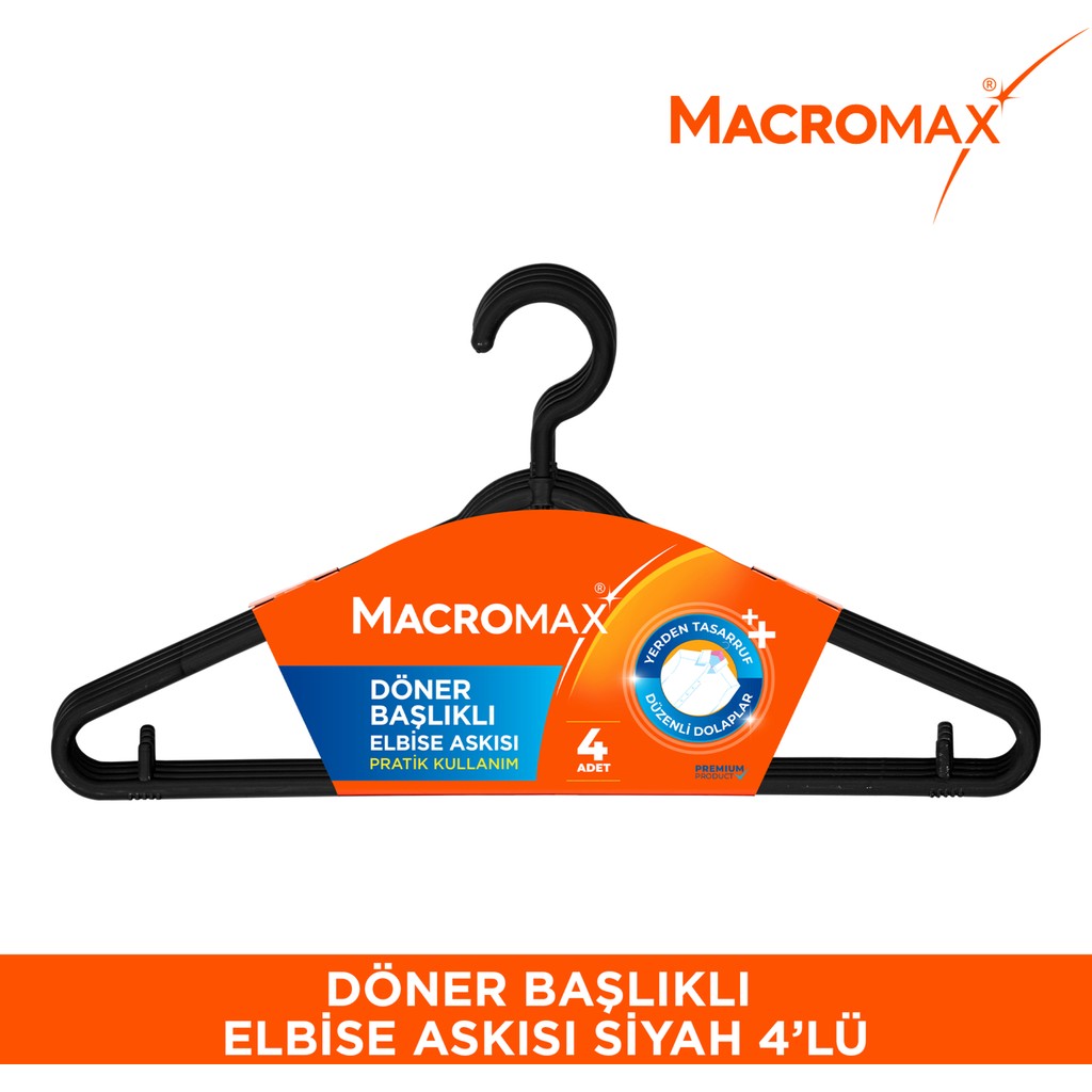 Macromax Döner Başlıklı Elbise Askısı 4'lü Paket , Çok Amaçlı Askı İpi ve Etek Asma Aparatlı - Siyah Giyim & İç Giyim Fiyatı