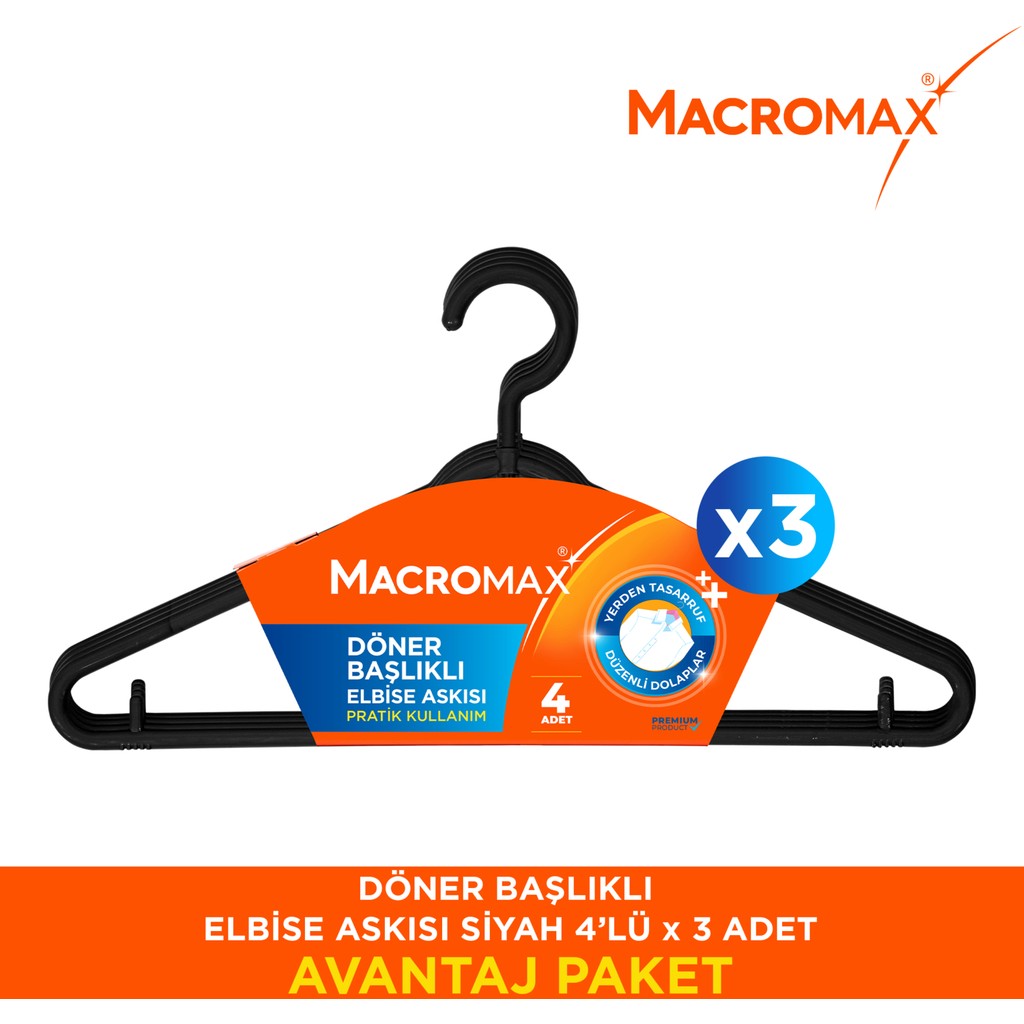 Macromax Döner Başlıklı Elbise Askısı - 4x3 - 12 Adet Giyim & İç Giyim Fiyatı
