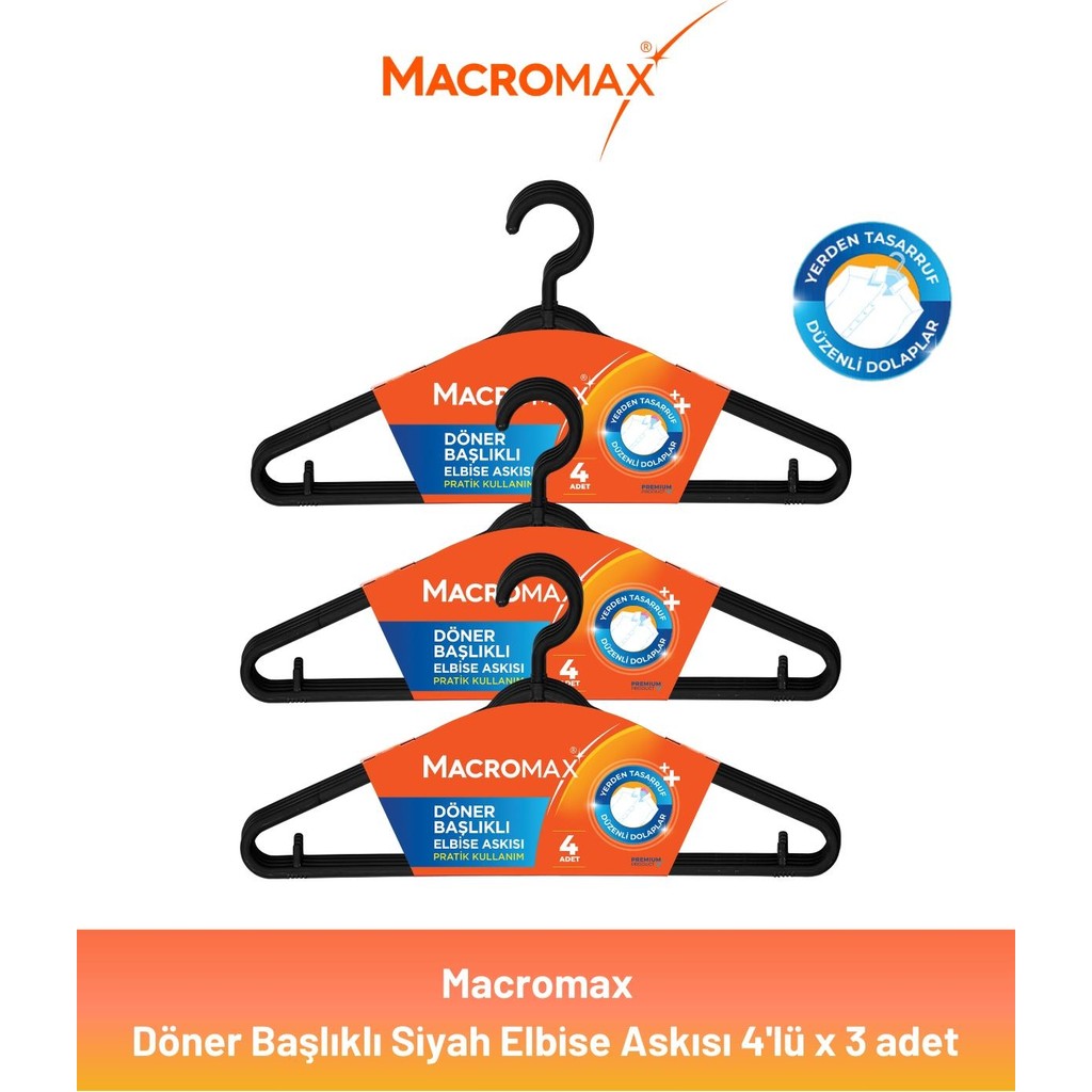 Macromax Döner Başlıklı Elbise Askısı Siyah 4'lü x 3 Adet Giyim & İç Giyim Fiyatı