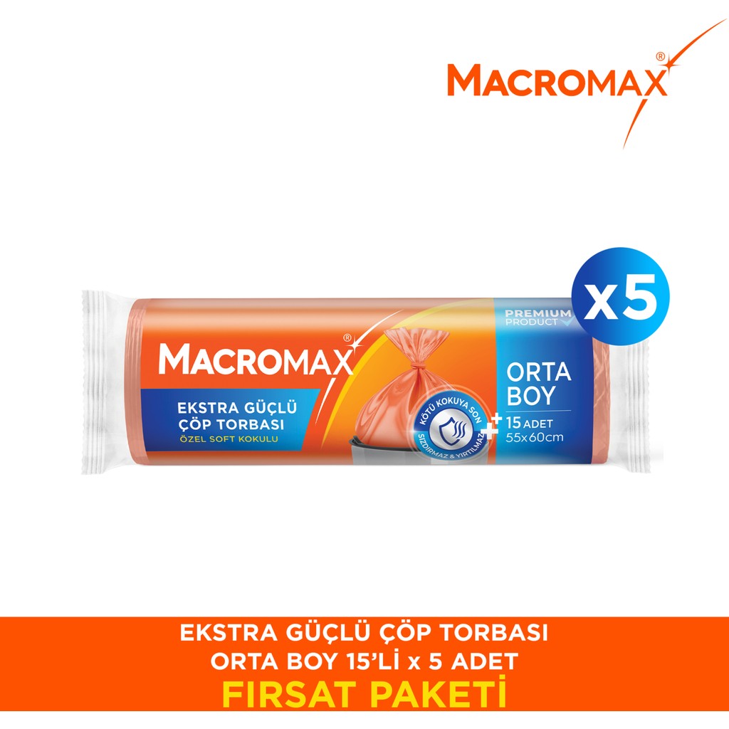 Macromax Ekstra Güçlü Çöp Torbası Orta Boy - 15 Li Paket X5 Diğer Fiyatı