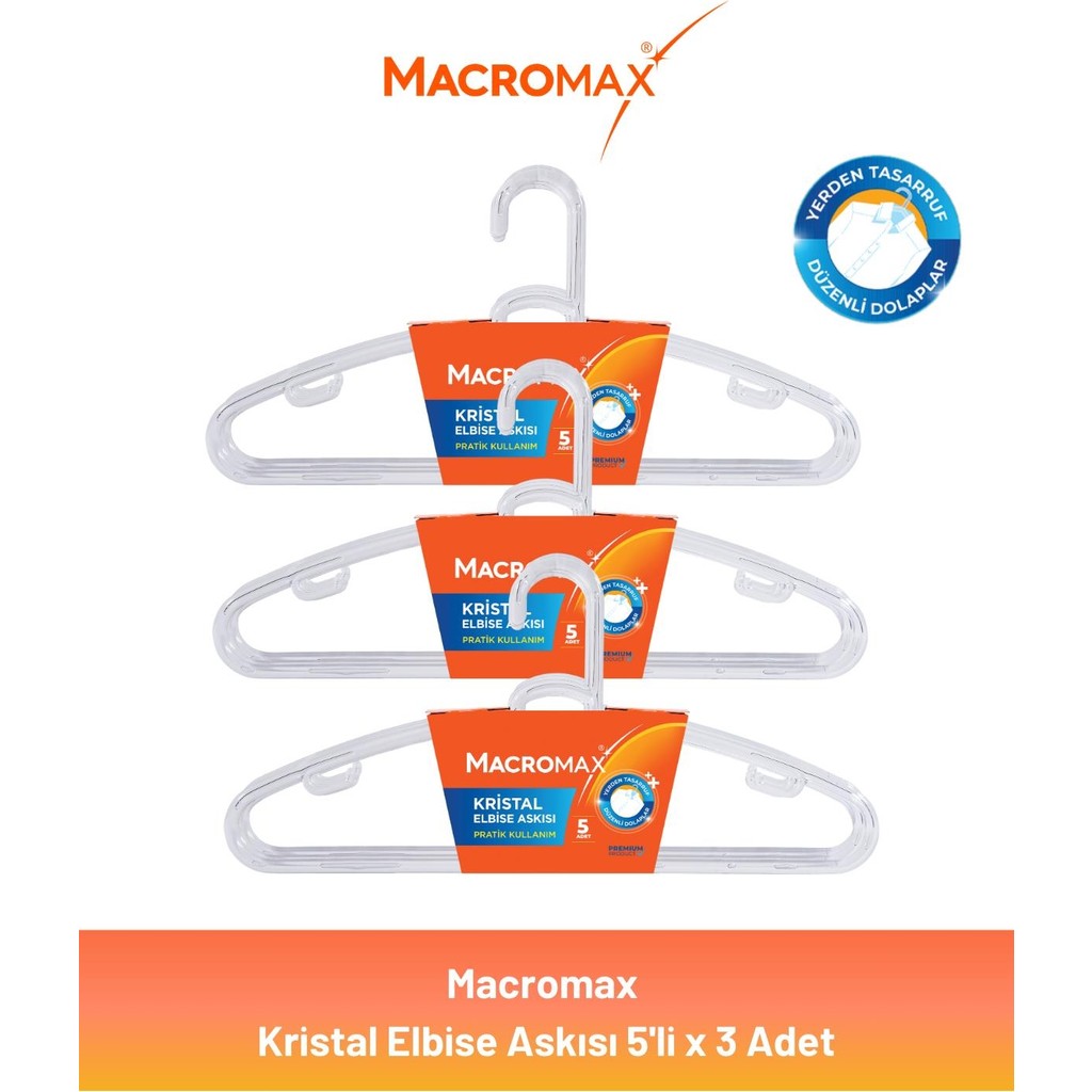 Macromax Kristal Elbise Askısı 5'li x 3 Adet - Beyaz Giyim & İç Giyim Fiyatı