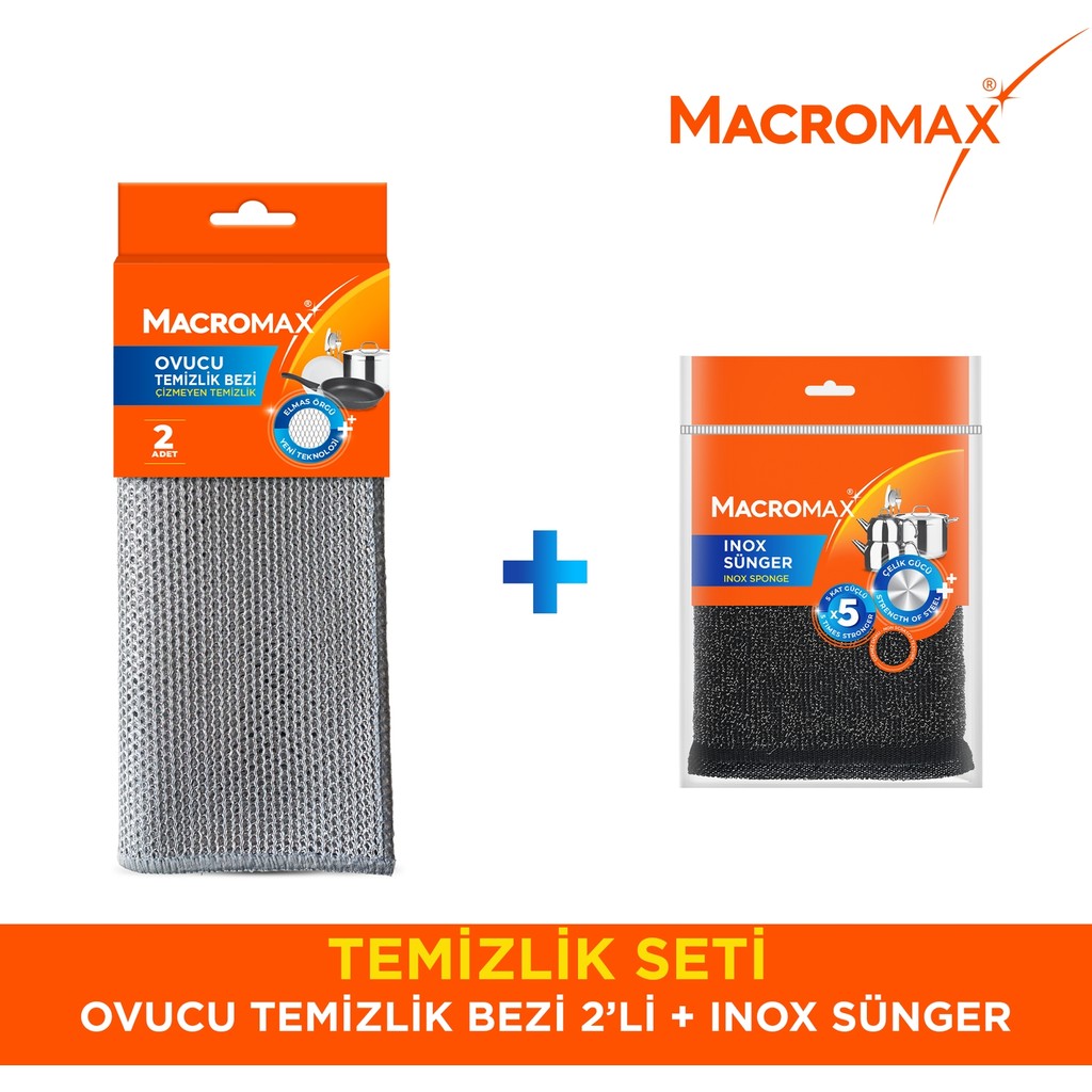 Macromax Ovucu Temizlik Bezi ve Inox Sünger Temizlik Seti Mutfak Temizlik Seti Paslanmaz Çelik Sünger Ağır Kir Temizleme Seti Deterjan ve Temizlik Ürünleri Fiyatı