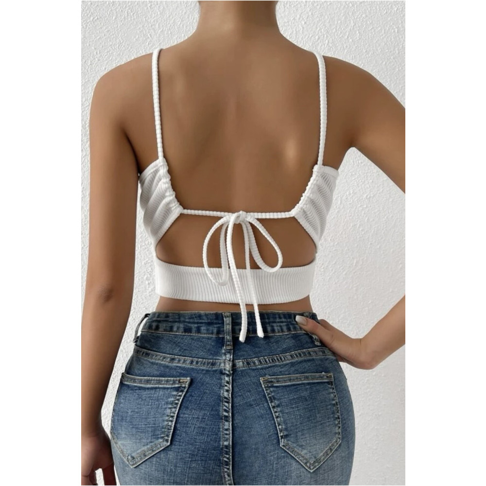 madalina Kadın Beyaz Kaşkorse Arkadan Bağlamalı Kemerli Crop Top Bluz L Beden Bluz Fiyatı