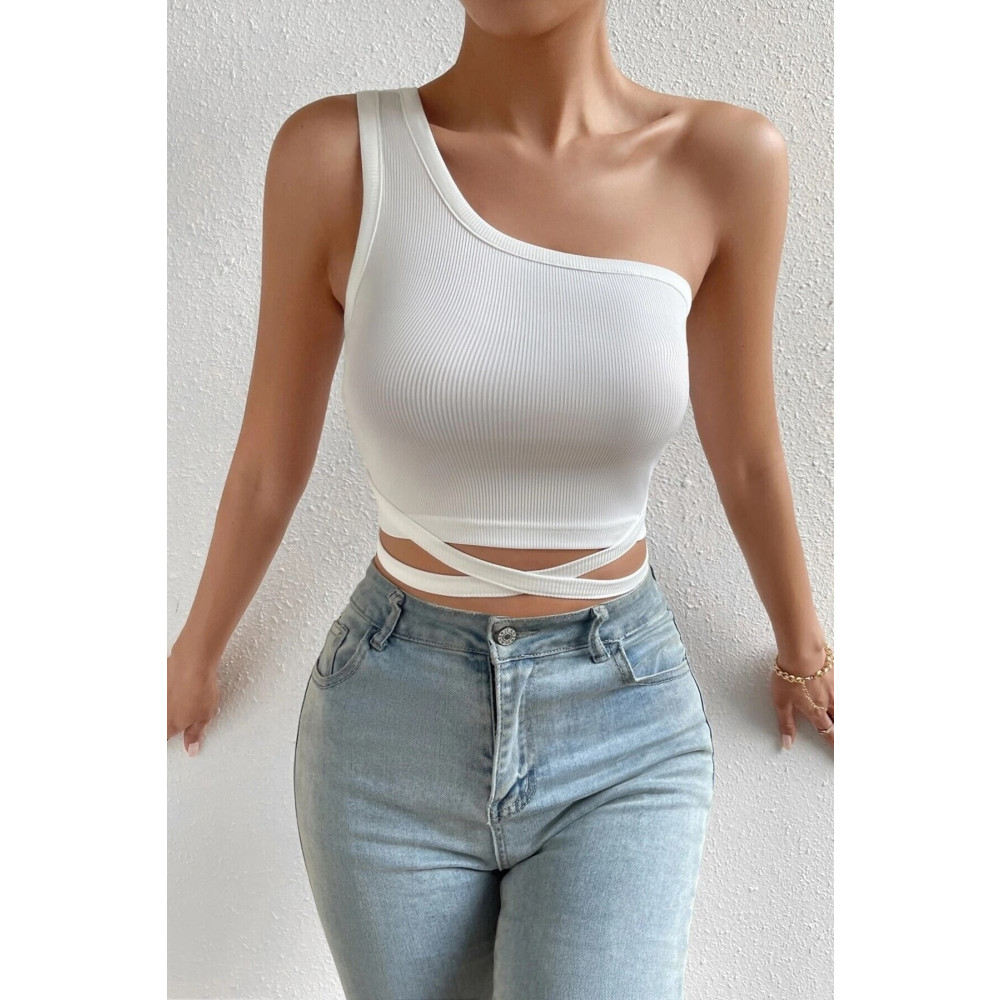 MADALİNA Kadın Beyaz Tek Omuz Arkadan Bağlamalı Crop Top Bluz M Beden Bluz Fiyatı