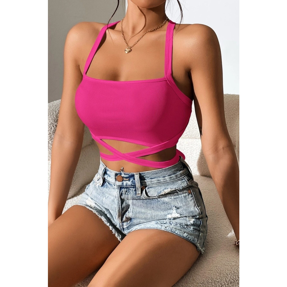 MADALİNA Kadın Fuşya Kaşkorse Kumaş Çapraz Askılı Bağlamalı Crop Top Bluz M Beden Bluz Fiyatı