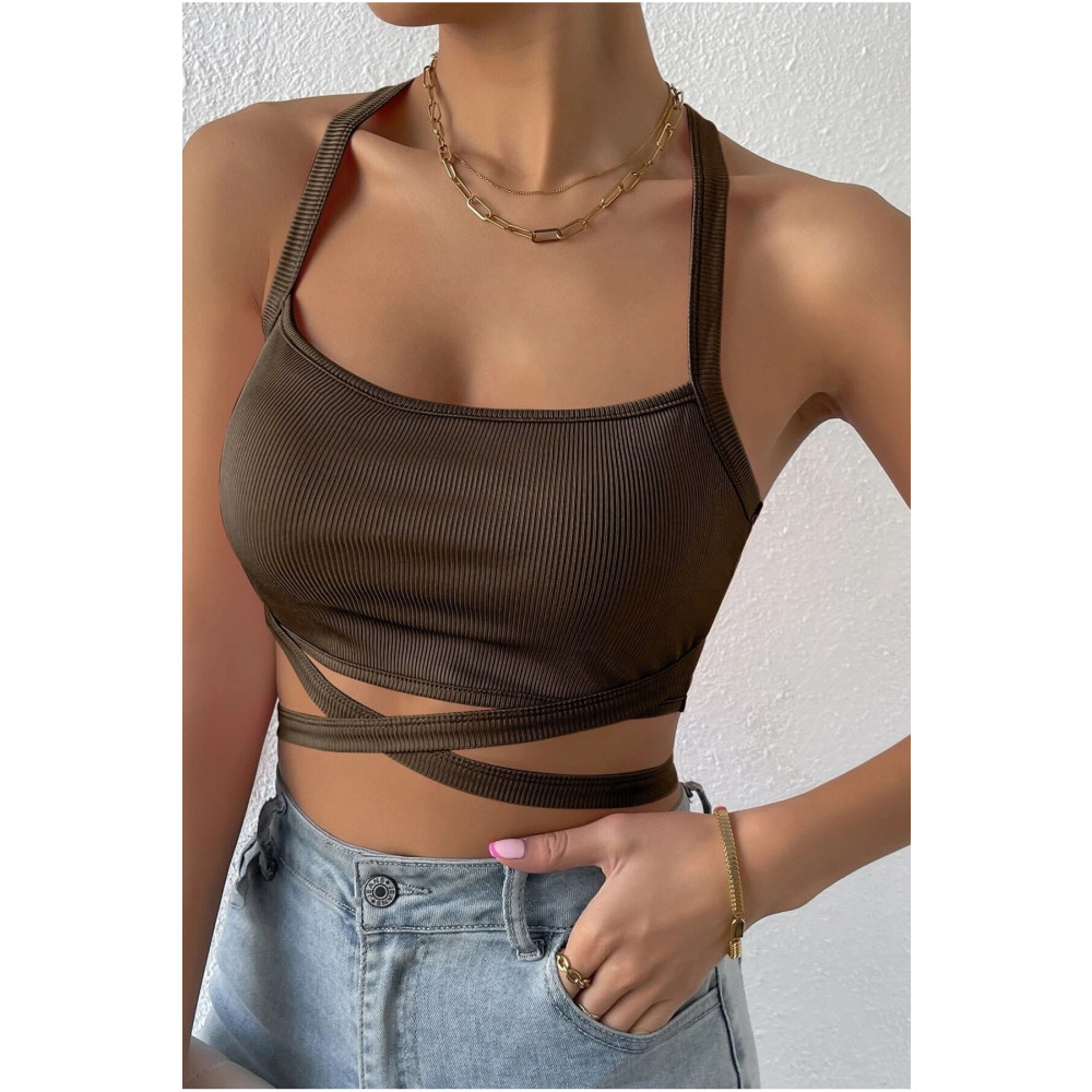 madalina Kadın Kahverengi Kaşkorse Kumaş Çapraz Askılı Bağlamalı Crop Top Bluz L Beden Bluz Fiyatı