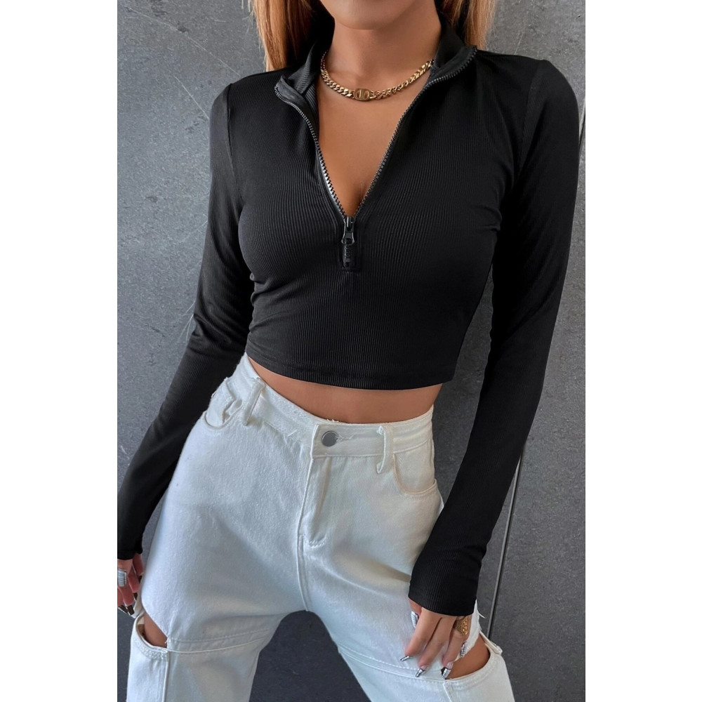 MADALİNA Kadın Siyah Kaşkorse Kumaş Fermuarlı Dik Yaka Crop Bluz XL Beden Bluz Fiyatı