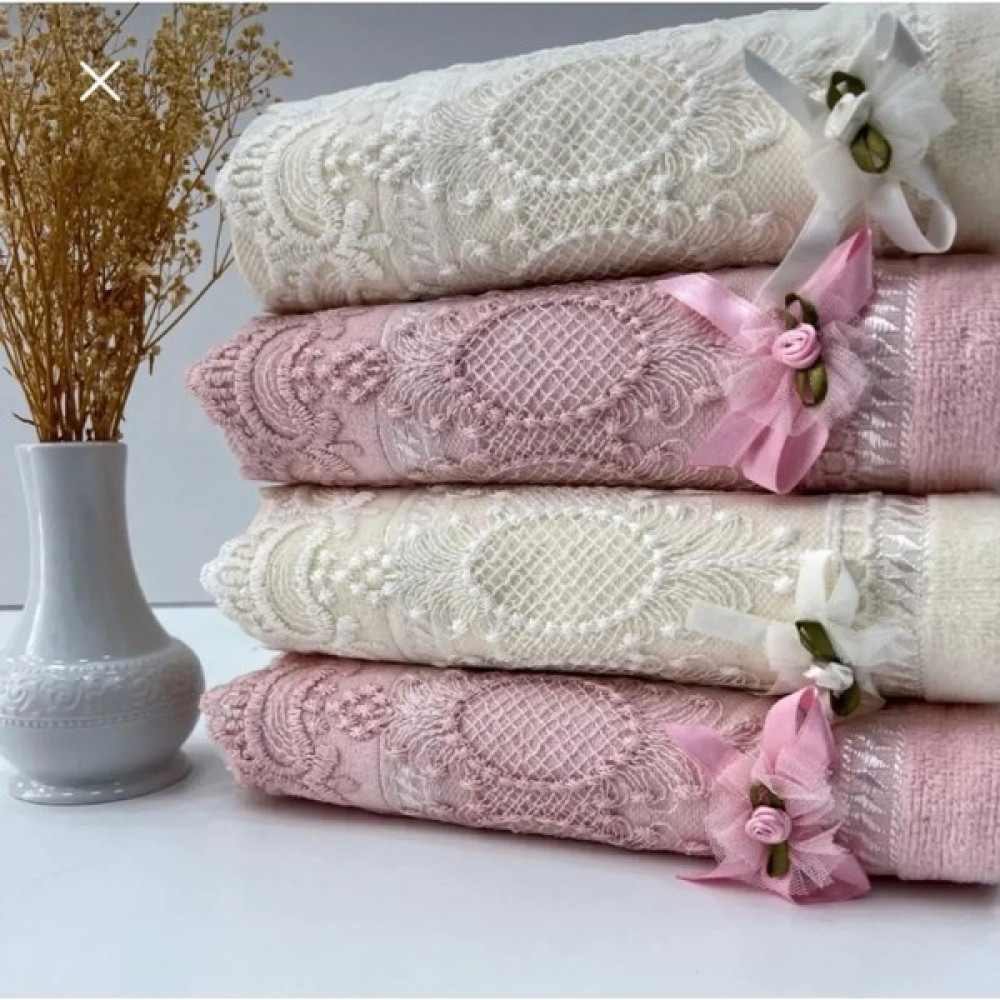 Madam Gold 50 x 90 cm 4'lü  Pamuk Kadife Dantelli Güpürlü Fiyonklu Çeyizlik El Ve Yüz Havlusu - Pembe - Krem El / Yüz Havlusu Fiyatı