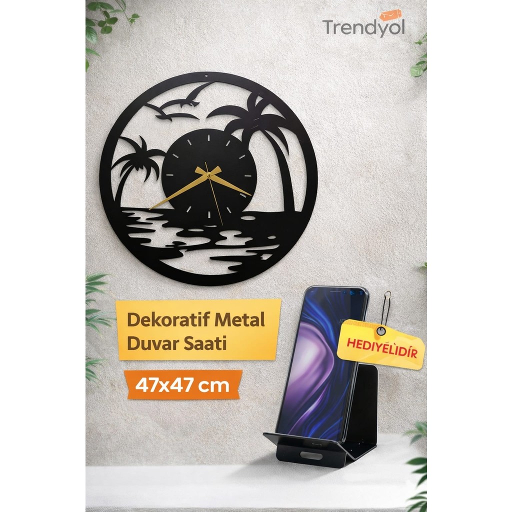 Madam Gold Dekoratif Sessiz Siyah Metal Duvar Saati 47X47CM Metal Telefon Tutacağı Hediyeli Duvar Saati Fiyatı