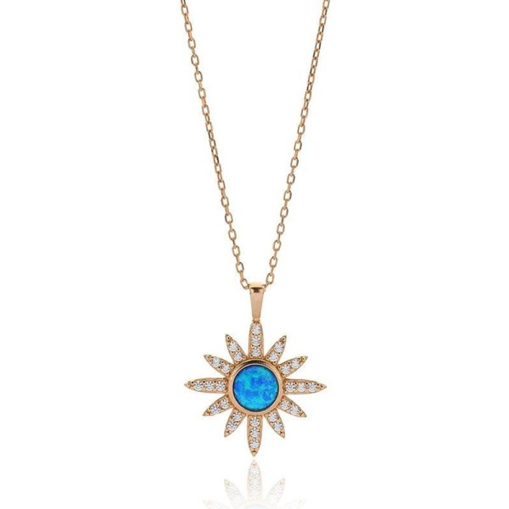 Madam Matmazel Zirkon ve Mavi Opal Taşlı Güneş Gümüş Kadın Kolye, 925 Ayar, Rose Kaplama - Rose Gold - 45 Gümüş Kolye Fiyatı