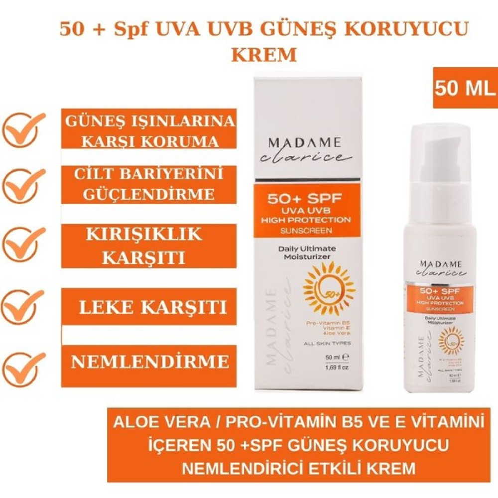 Madame Clarice Güneş Kremi Yüksek Koruma SPF50 +Aloe Vera +Vitamin E + Pro B5 Vitamin Güneş Kremleri ve Losyonları Fiyatı