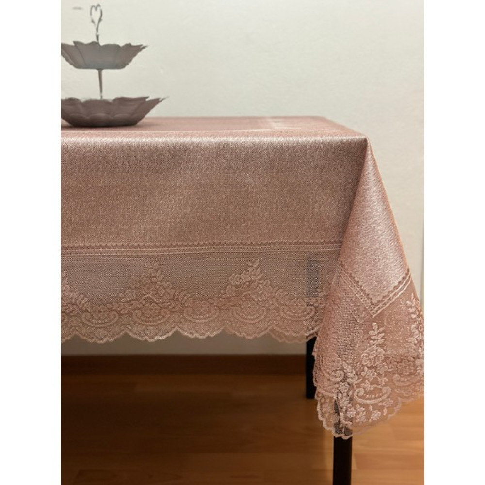 Madame Clean Çini Desenli Dertsiz Leke Tutmaz Dantelli Masa Örtüsü Pudra 160X220 cm - 160 x 220 cm Masa Örtüsü Fiyatı