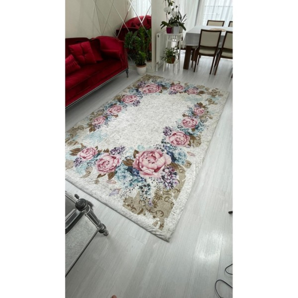 Madame Clean Güllü Model Lastikli Kadife Halı Örtüsü - 160 x 230 cm - Renkli Salon & Oturma Odası Tekstili Fiyatı