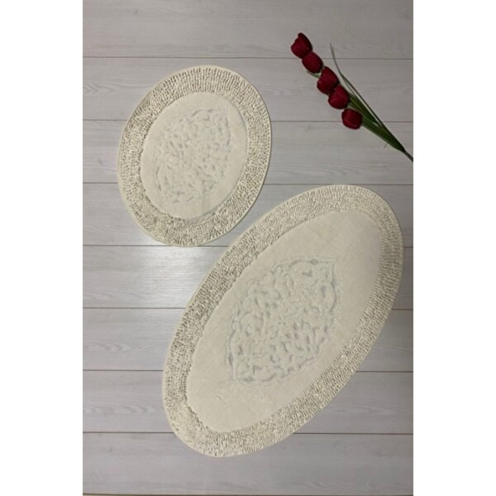 Madame Clean Oval Pamuk Makarna Damaks 2'li Klozet Takımı Banyo Paspas Seti Beyaz - 60x100 50x60 Klozet Takımı Fiyatı