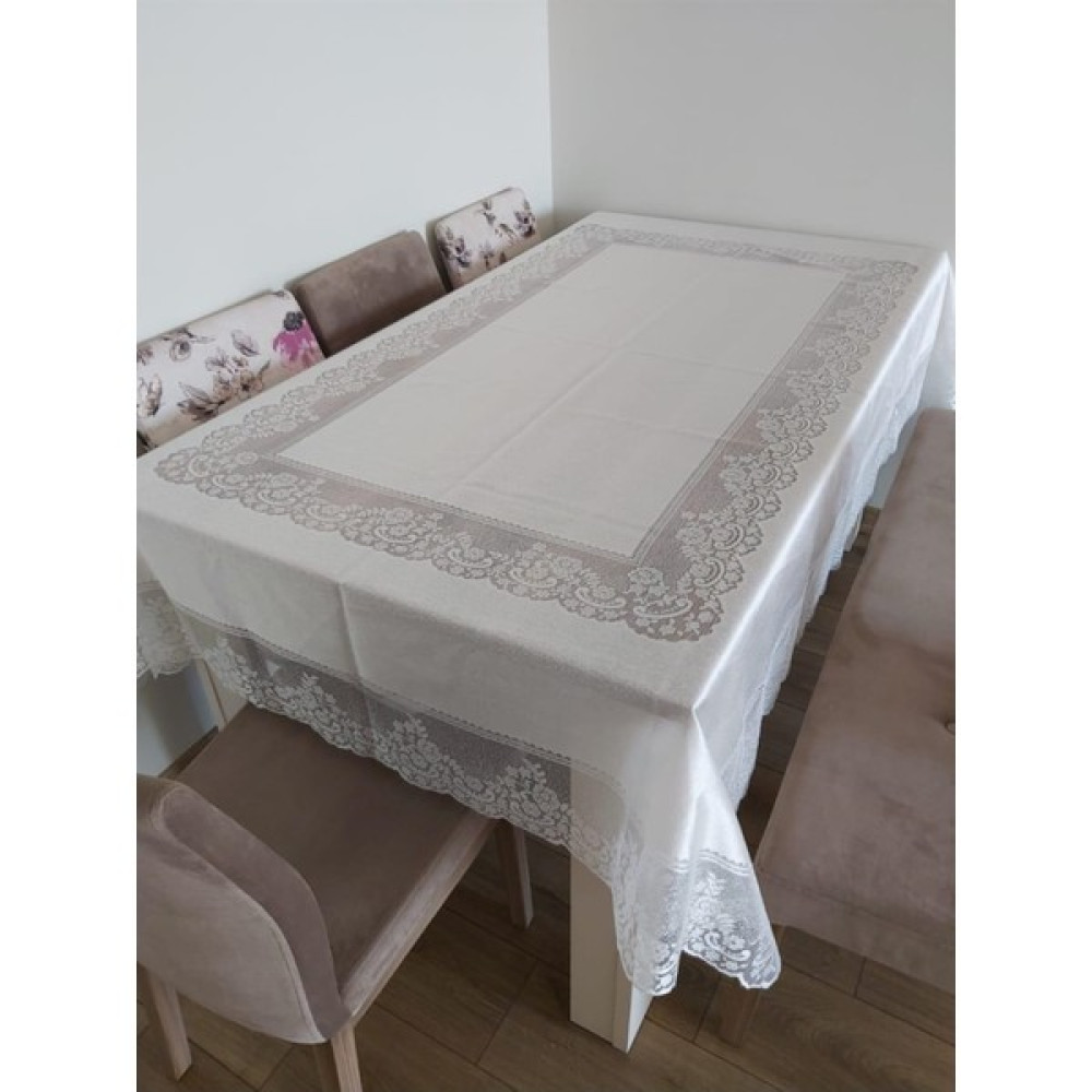 Madame Clean Tül Masa Örtüsü Şık Tasarım Dantelli Dertsiz 160X220 - 160 x 220 cm - Krem Masa Örtüsü Fiyatı