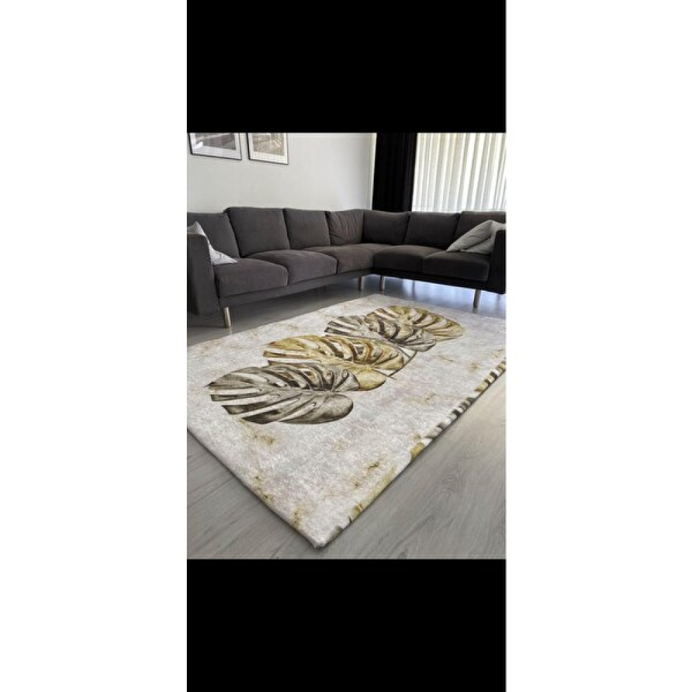 Madame Clean Yeni Desen Yeşil Yaprak Modeli Kadife Halı Örtüsü - 160 x 230 cm - Renkli Salon & Oturma Odası Tekstili Fiyatı