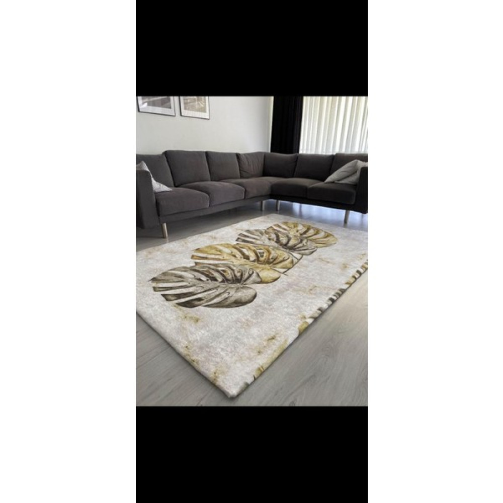 Madame Clean Yeni Desen Yeşil Yaprak Modeli Kadife Halı Örtüsü - 200 x 300 cm - Renkli Salon & Oturma Odası Tekstili Fiyatı