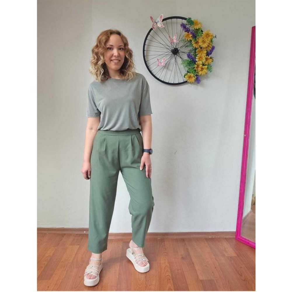 Madame Melek Yüksek Bel Beli Lastikli Likralı Keten Haki Yeşil Renk Kadın Şalvar Pantolon Kadın Pantolon Fiyatı