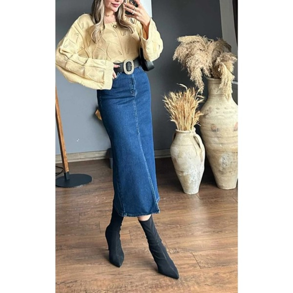 Madame Melek Zr Model Yırtmaç Detaylı Düğmeli Kot Etek Koyu Mavi Midi Diz Boy Likralı Etek Fiyatı