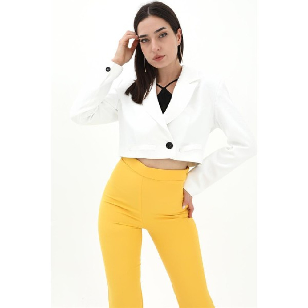 Madame Rosalia Çift Peto Cepli Kısa Crop Blazer Ceket - Ekru Bayan Ceket Fiyatı