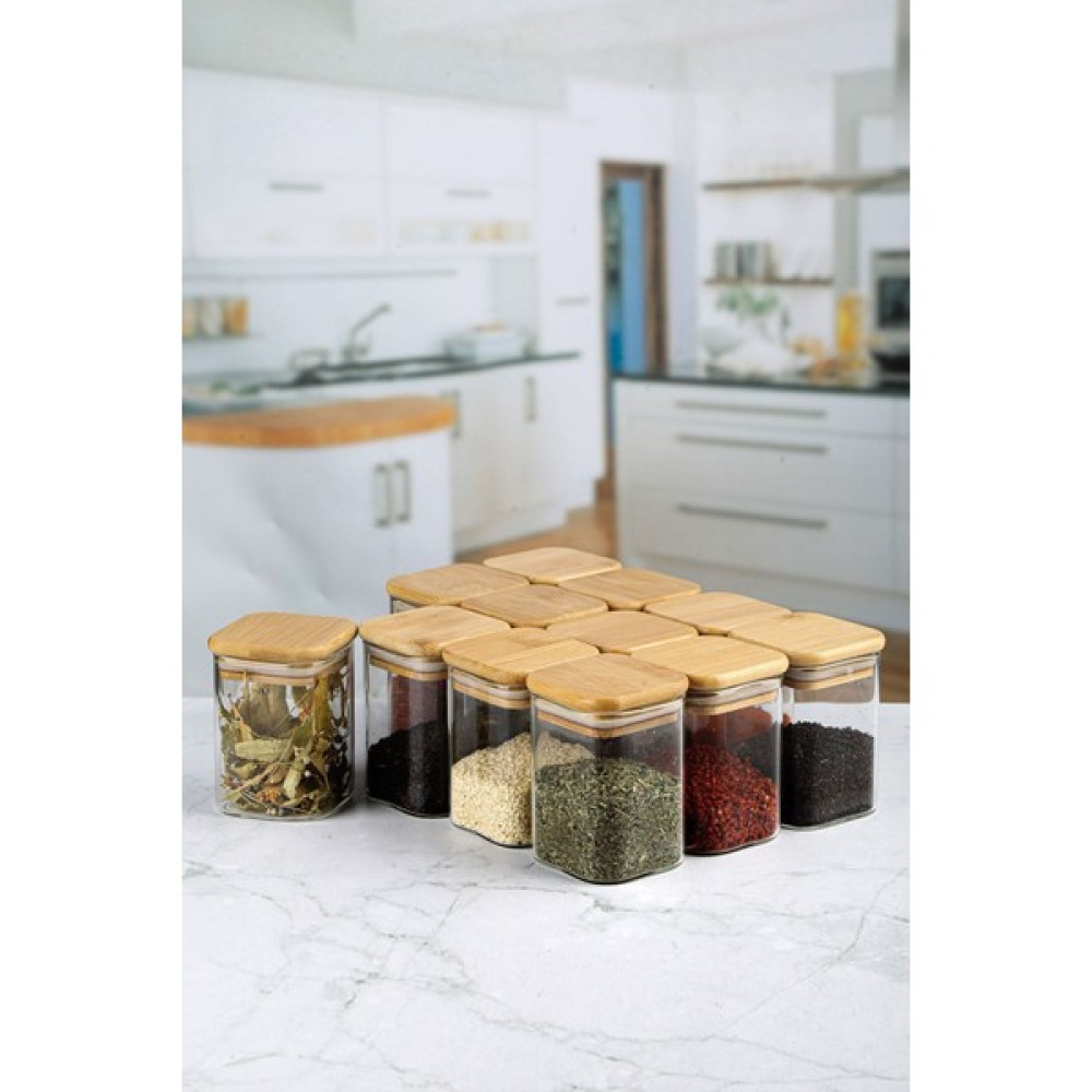 MadaMelya 12'li Bambu Kapaklı Kare Termisil Baharatlık Kavanoz 6X8CM 12 Adet Vakumlu Kapak Saklama Kapları Fiyatı