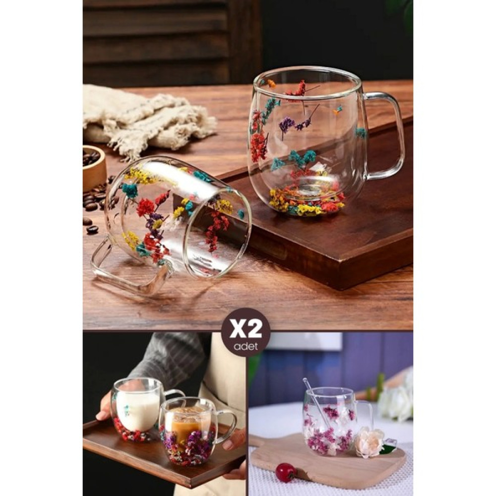 madamev 2li Çiçekli Çift Cidarlı Kulplu Bardak Handmade Flower Cup Kahve Sunum Meşrubat Bardağı 250ML Seti - Şeffaf - 2 Adet Fincan / Bardak / Kahve Takımı Fiyatı