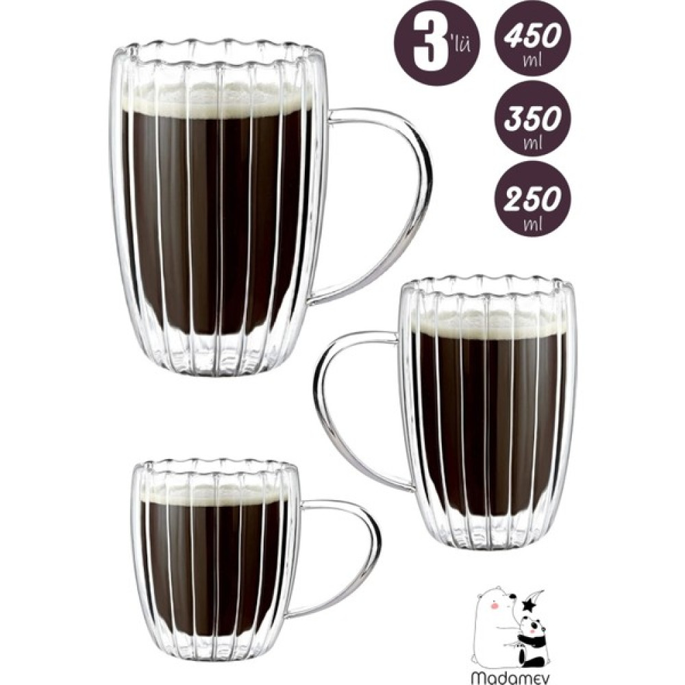 madamev 3'lü Çift Cidarlı Kulplu Isıya Dayanıklı Cam Bardağı Seti Burgulu 450 + 350 + 250 Ml. Bardak Seti - 3 Adet - 350 ml Fincan / Bardak / Kahve Takımı Fiyatı